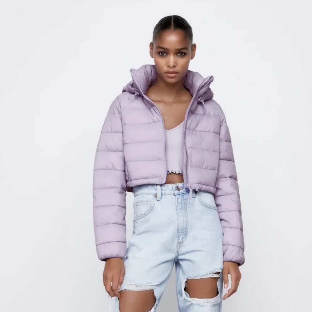ZARA Quilted Water Repellent Cropped Puffer Jacket Purple Hooded Size M